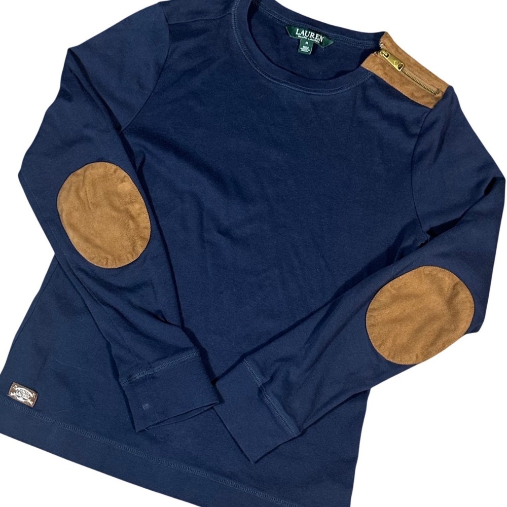 Lauren‎ Ralph Lauren Top Women M Navy Blue Elbow Patches Zipper Shoulder Cotton
